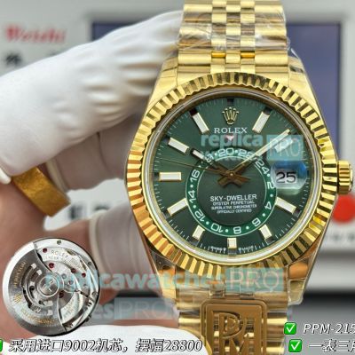 PPM Swiss Clone Yellow Gold Rolex Green Dial Sky-Dweller Gain Weight Jubilee Band Watch 